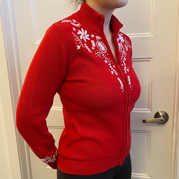 Tobi Sweaters - Lovely Red Knitted Christmas Sweater Cardigan Zipper White Accents sz XS
